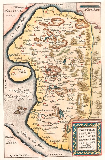 Thietmarsiae, Holsaticae regionis parties typus Abraham Ortelius (Oertel, Ortell or Ortel) の "Theatrum Orbis Terrarum "から引用したKudenの都市を含む北ドイツの地理地図。 作： Abraham Ortelius