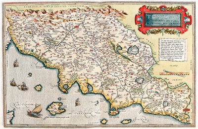 Thusciae.Descriptio auctore Hieronymo Bellamarto Abraham Orteliusの "Theatrum Orbis Terrarum "からイタリアのトスカーナ地方の領土を描いた地理地図（Oertel, Ortell or Ortel 作： Abraham Ortelius