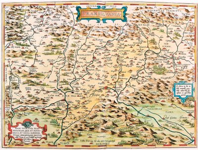 Transilvania Abraham Orteliusの "Theatrum Orbis Terrarum "によるTransilvania領域（Transylvania）の地理地図（Oertel, Ortell or Ortel）。 作： Abraham Ortelius