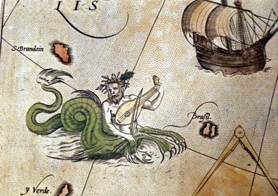 聖ブレンダン（ブランダン）島の近くでリュートを演奏するトリトン。「Theatrum Orbis Terrarum" Abrahm Ortelius作、Antwerp 1584年。 作： Abraham Ortelius