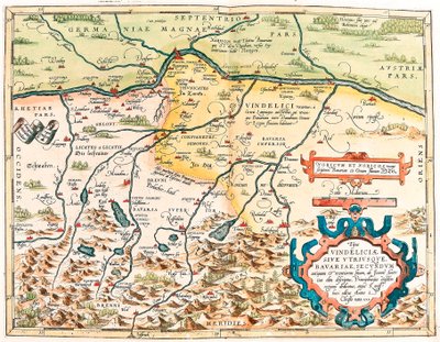 Typus Vindeliciae Ssive Utriusque Bavariae:古くて新しいものの中で、Joanne Aventino olim descriptus...アブラハム・オルテリウスの「Theatrum Orbis Terrarum」に掲載されたドイツ・バイエルン領の地理図（Oertel, Ortell or Ortel 作： Abraham Ortelius