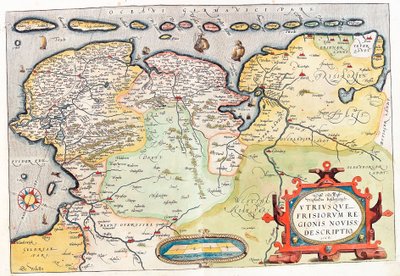 Utriusque Frisiorum regionis noviss. descriptio グローニンゲン（Groeningen）とレーワルデン（Leeuwarden）の都市を含むオランダ領土の地理地図... Abraham Ortelius（Oertel, Ortell or Ortel）の「Theatrum Orbis Terrarum」から引用。 作： Abraham Ortelius