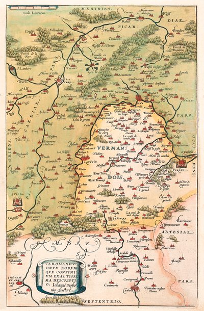 Veromanuorum Eorum que Confinium Accurssima Descript アブラハム・オルテリウス（Oertel, Ortell or Ortel）の「Theatrum Orbis Terrarum」から、ガリア（フランス）のヴェルマンドワとピカルディの領土を描いた地理図です。 作： Abraham Ortelius