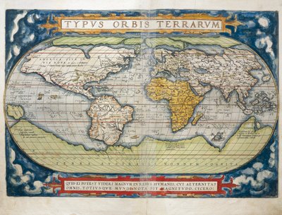 アブラハム・オルテリウスの「Theatrum Orbis Terrarum」からの世界地図。 作： Abraham Ortelius