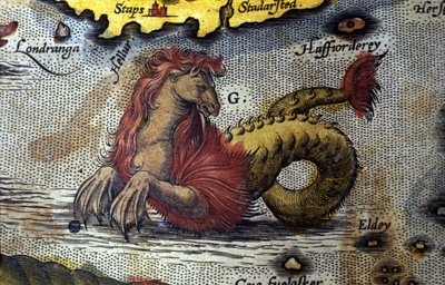 海の怪物、馬、海蛇の表現。地図製作者アブラハム・オルテリウス（1527-1598）の「Theatrum Orbis Terrarum」版の図版 作： Abraham Ortelius