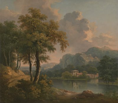 樹木が茂った丘陵の風景、1785年。 作： Abraham Pether