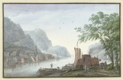 川沿いの村を望む山岳風景 作： Abraham Rademaker