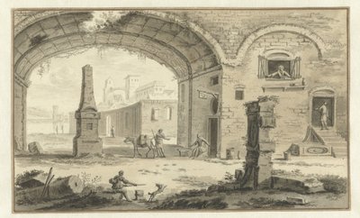 古典的な建物とアーチの下の景色を持つ幻想的なイタリアの街並み 作： Abraham Rademaker