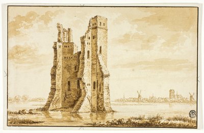 ドルドレヒトを背景に正面から見たメルヴェーデ マナーの遺跡 作： Abraham Rademaker