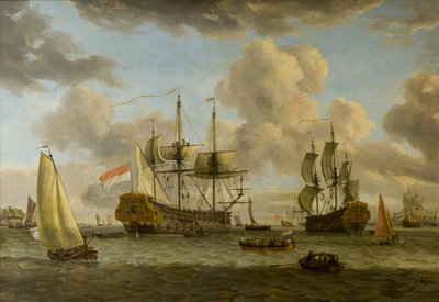 イン川の河口に船があるオランダの海運シーン、1664〜1708年頃（キャンバスに油彩） 作： Abraham Storck
