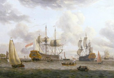 広い河口のオランダ船風景（油彩・キャンバス） 作： Abraham Storck