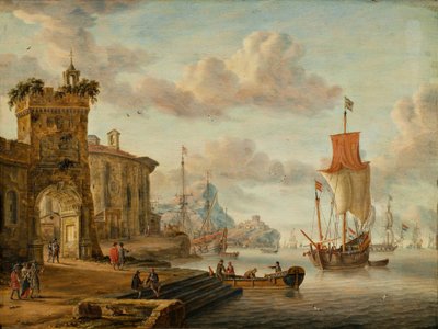 古代遺跡のある港の風景 作： Abraham Storck