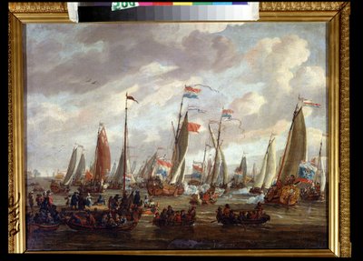 1698 年 1 月にイギリスを訪れたピョートル 1 世 (1698 年 1 月にイギリスを訪れたピョートル 1 世)。 ロシアのピョートル 1 世、ピョートル アレクセーヴィッチ ロマノフ、またはピョートル大帝 (1672-1725)。 Abraham Storck (1635-1710) の絵画。 キャンバスに油彩、48 x 64 cm、deb 作： Abraham Storck