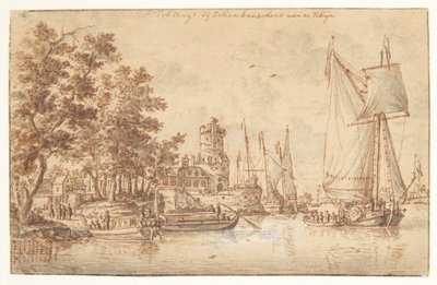 城と船のあるライン川の風景 作： Abraham Storck
