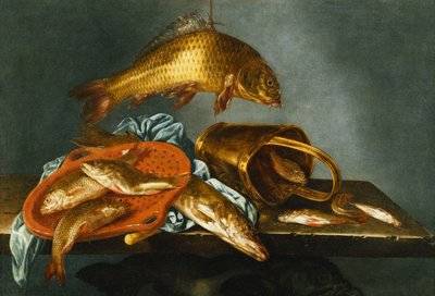 パイク、コイ、テンチ、ローチ、棚の上にふるい、真ちゅう製のバケット、1661 作： Abraham Susenier