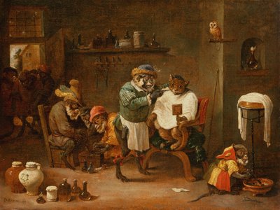 モンキーズが経営する理髪店の猫（キャンバスに油彩） 作： Abraham Teniers
