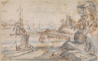 いくつかの船がある海岸の風景、いくつかの人物がいる高い海岸 作： Abraham Willaerts