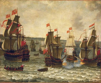 オランダ船とイギリス船の海戦、第一次英蘭戦争（英蘭戦争）1652-1654年のエピソード。アブラハム・ウィラエルツ（1603-1669）作、木に油彩。 作： Abraham Willaerts