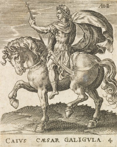 馬に乗った12人のシーザーズからのカイウス・シーザー・ガリグラ。 1565-1587年、約。 1565-1587。 作： Abraham de Bruyn