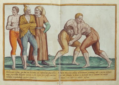 1577年にケルンで出版されたトルコのレスリング、16世紀のOmnium Poene Gentium Imaginesの衣装（手描きの彫刻） 作： Abraham de Bruyn
