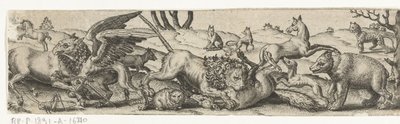 風景の中で動物と戦う。 作： Abraham de Bruyn