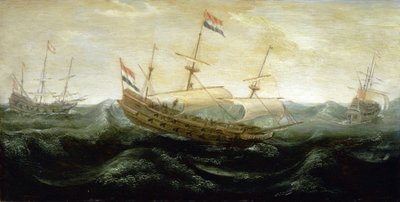 非常に乱れた海を進むオランダ船。風が押し寄せる中、帆を減らして航行する。アブラハム・デ・ヴェルヴェル（1585-1650年頃）作、1625年頃、銅に油彩。 作： Abraham de Verwer