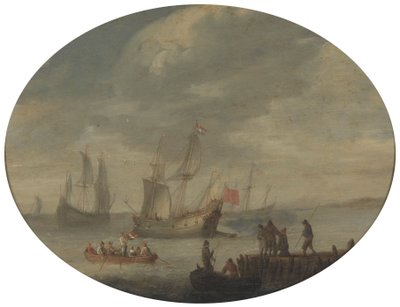 出航の準備をするオランダ沿岸沖の武装した商人 作： Abraham de Verwer