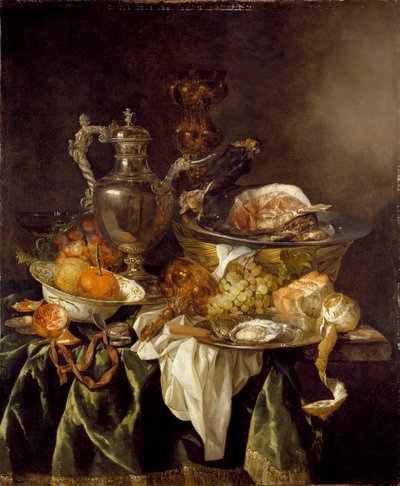 シルバーワインジャーとアーティストの反射肖像画のある静物、c1657 作： Abraham van Beyeren