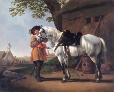 灰色の馬を持つ騎士（キャンバスに油彩） 作： Abraham van Calraet