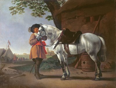 灰色の馬を持つキャバリア 作： Abraham van Calraet