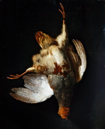 釘に吊るされたウズラのある静物（油彩・パネル） 作： Abraham van Calraet