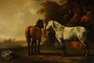 風景の中の馬と牛（パネル 作： Abraham van Calraet