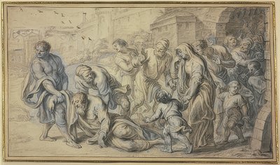 老人は住民によって都市の壁の前の地面から持ち上げられます 作： Abraham van Diepenbeeck