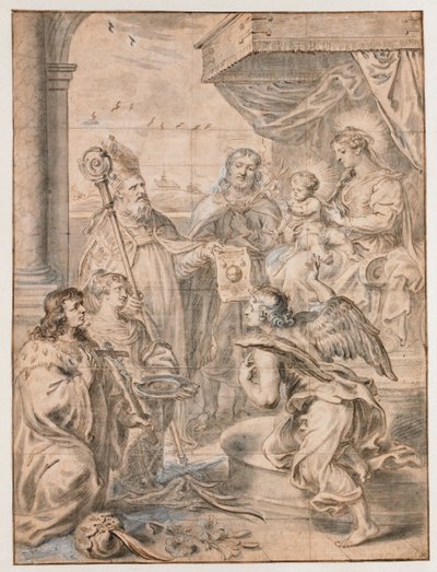 3 人の聖人が崇拝する玉座の聖母子 作： Abraham van Diepenbeeck
