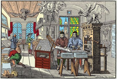 ドイツ・ニュルンベルクの印刷工場の内部：作業中の労働者たち（17世紀初頭） - Abraham van Werdtのグラビア。 作： Abraham van Werdt
