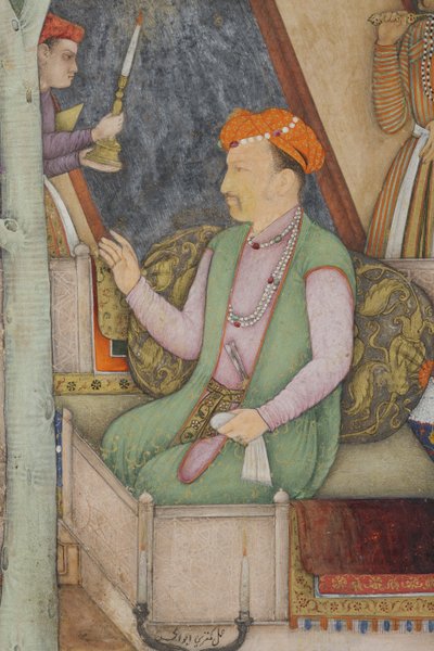 ジャハンギール皇帝の庭園にいる聖人との詳細、1615年頃（不透明なトイレと紙に金） 作： Abul Hasan