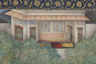 ジャハンギール皇帝の庭園にいる聖人との詳細、1615年頃（不透明なトイレと紙に金） 作： Abul Hasan