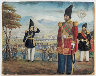 アーデシルミルザとスレイマンカーンサハムアルダウレウが部隊をレビューする1850-51 作： Abul Hassan Ghaffari