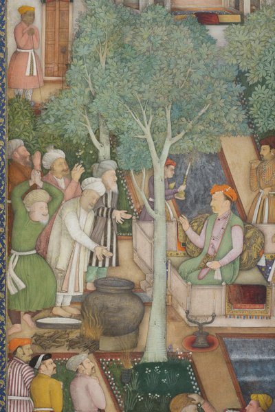 ジャハンギール皇帝の庭園にいる聖人との詳細、1615年頃（紙に不透明と金色） 作： Abul Hassan Ghaffari