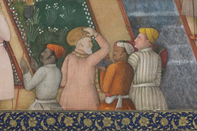 ジャハンギール皇帝の庭園にいる聖人との詳細、1615年頃（紙に不透明と金色） 作： Abul Hassan Ghaffari