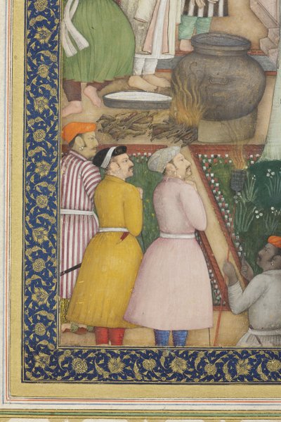 ジャハンギール皇帝の庭園にいる聖人との詳細、1615年頃（紙に不透明と金色） 作： Abul Hassan Ghaffari