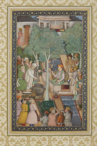 ジャハンギール皇帝と庭園の聖なる男たち、1615年頃（紙に不透明と金色） 作： Abul Hassan Ghaffari
