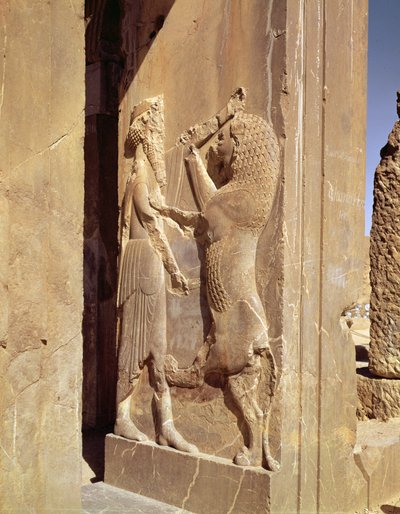 ライオンと戦うダライアス、西の入り口からダライアス大王宮殿までの詳細 作： Achaemenid