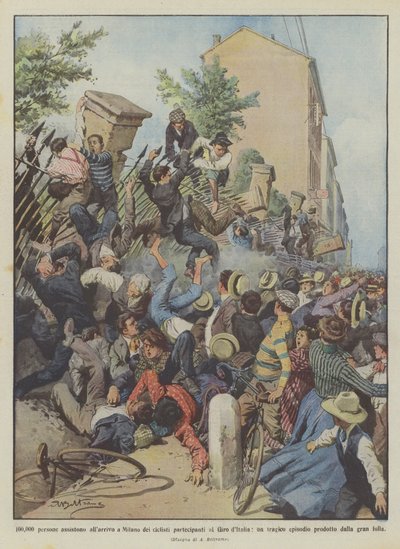 10万人がミラノのGiro dItaliaに参加するサイクリストの到着を見ますか？ 作： Achille Beltrame