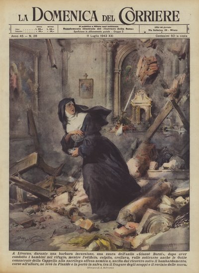 リボルノで野蛮な襲撃の最中、幼稚園のGiosue Borsiからの修道女、リードした後？ 作： Achille Beltrame