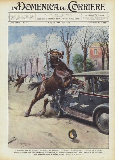 リボルノのスタジオーネ通りで、厩舎に運ばれた馬が別れた？ 作： Achille Beltrame