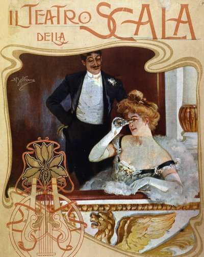 スカラ座の楽屋にいるカップル。若い女性は双眼鏡でその様子を観察している。イラスト：Achille Beltrame 作： Achille Beltrame