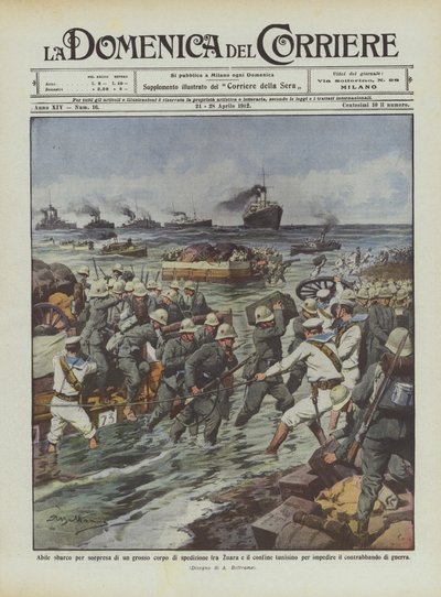 ズアラとチュニジアの国境の間の大規模な遠征軍の巧妙な驚きの着陸？ 作： Achille Beltrame