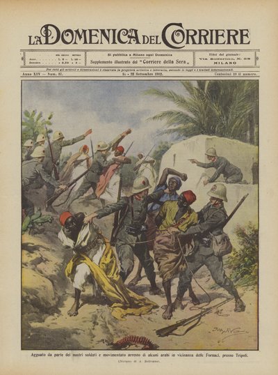 私たちの兵士による待ち伏せと近くのアラブ人の波乱の逮捕？ 作： Achille Beltrame