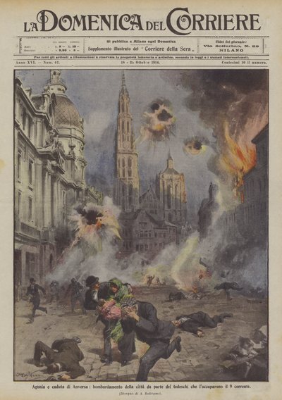 アントワープの苦悩と堕落、9月に占領したドイツ人による街の爆撃 作： Achille Beltrame